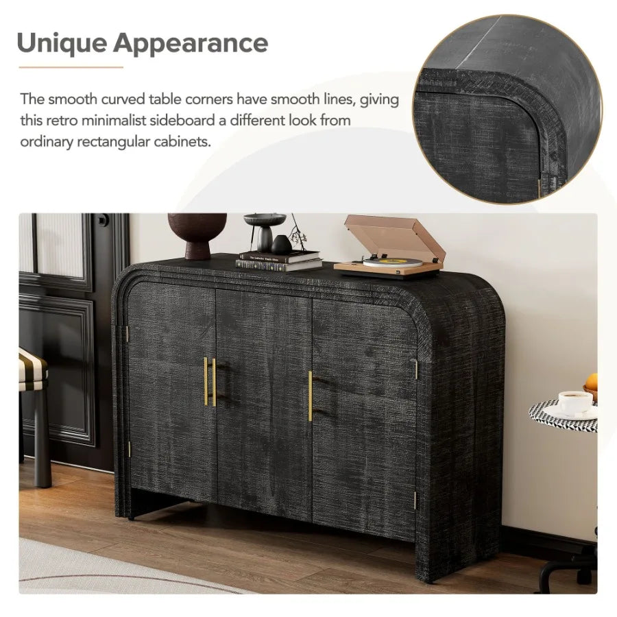 TREXM Retro Minimalist Curved Sideboard with Gold Handles and Adjustable Dividers for Living Room or Dining Room Antique Black