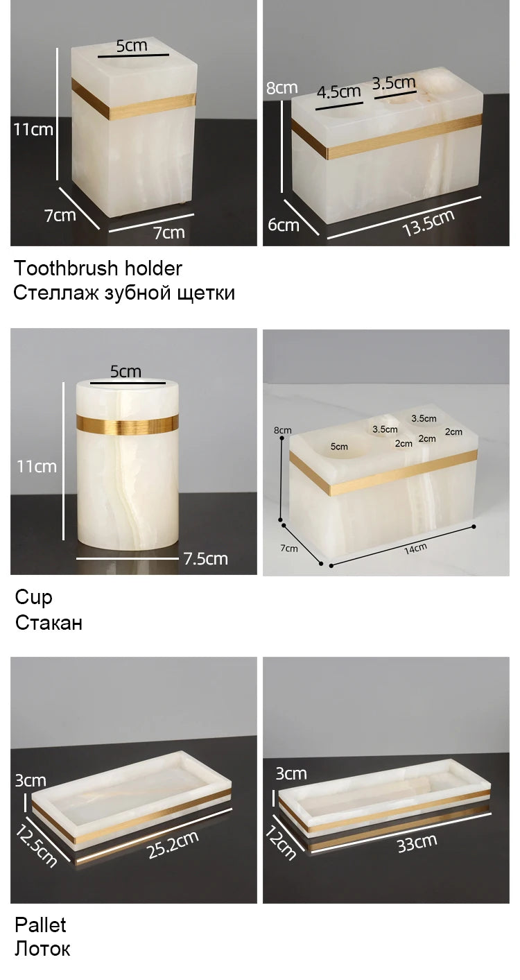 White Onyx Natural Marble Bathroom Accessories Gold Luxury Soap Dispenser Cotton Swab Holder Toothbrush Holder Bathroom Set
