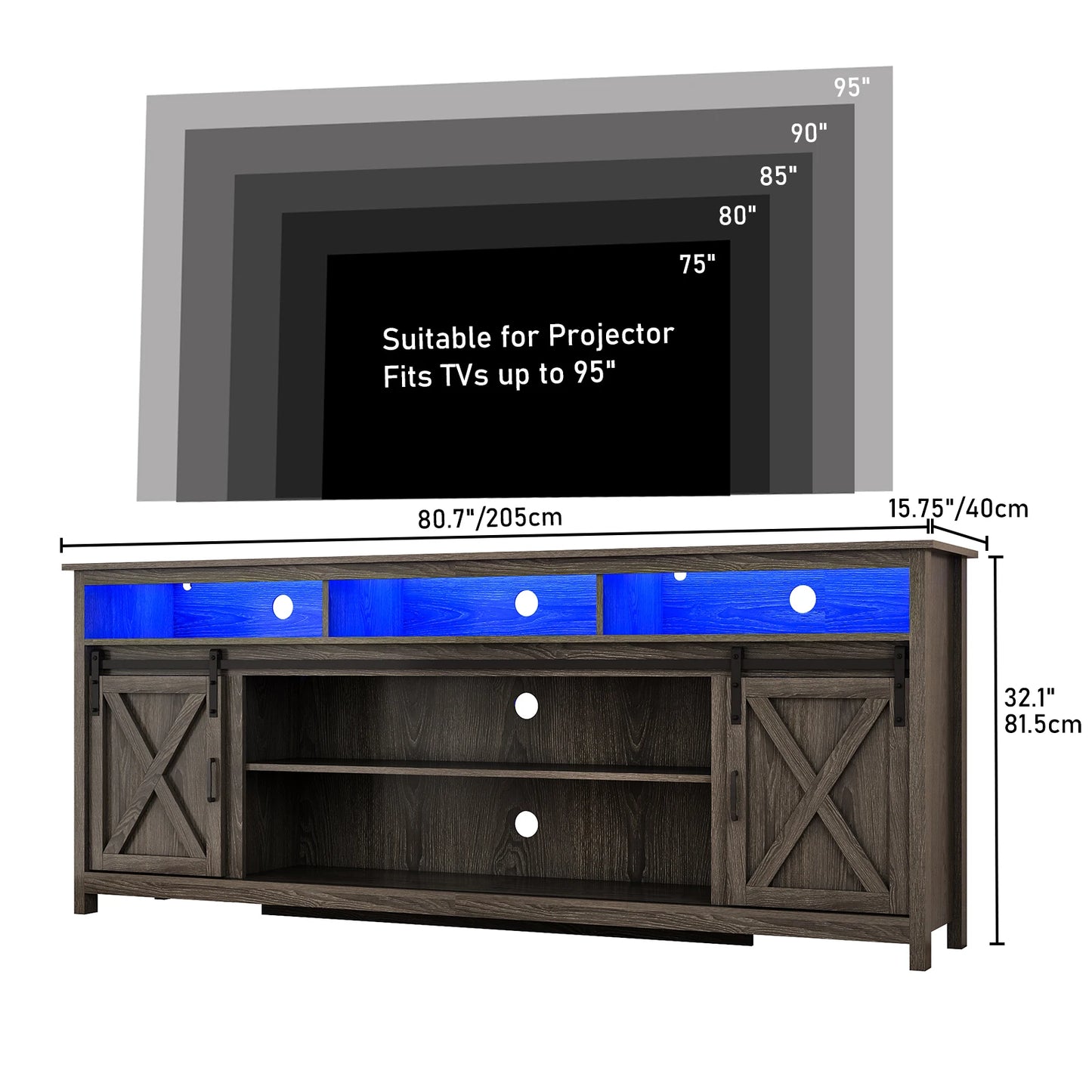 TV Stand Farmhouse Coffee Bar Cabinet Rustic Sliding Barn Door Storage Cabinet with Power Outlet & LED Light, 57" Wooden TV Cabi