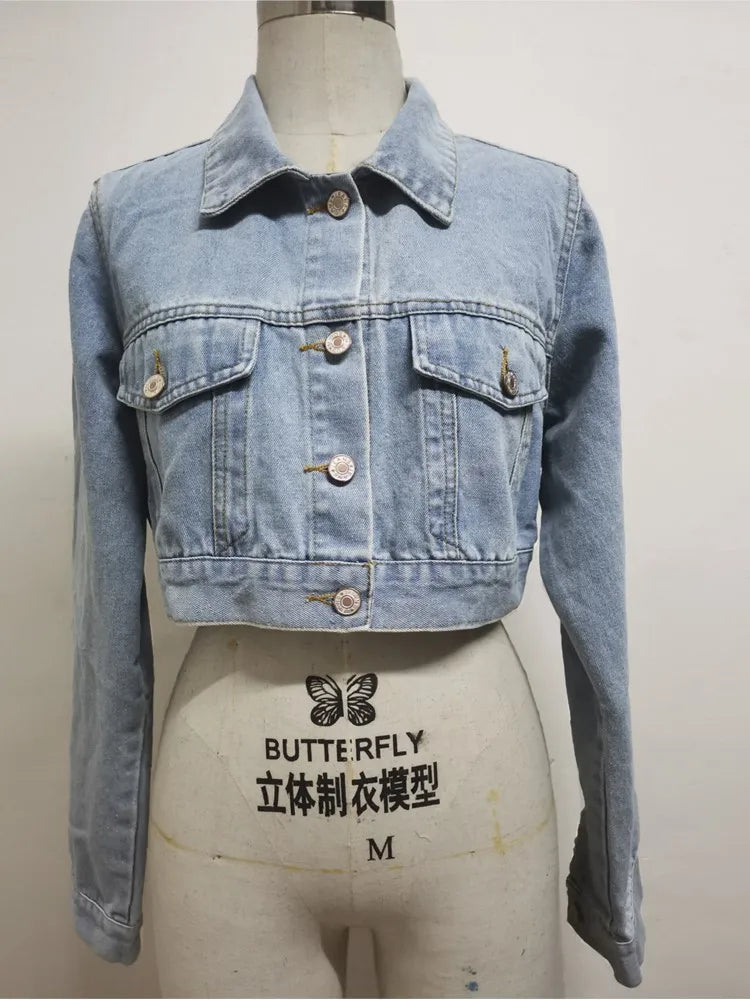 Women's Fashion Lapel Short Denim Coat Spring Summer New Casual Loose Retro Female Versatile Long Sleeve Denim Jacket Tops 2026