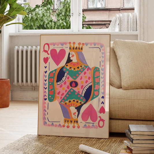 Queen of Hearts Wall Art Print | Colorful Playing Card Digital Download | Maximalist Card Decor | Dopamine Queen Illustration |