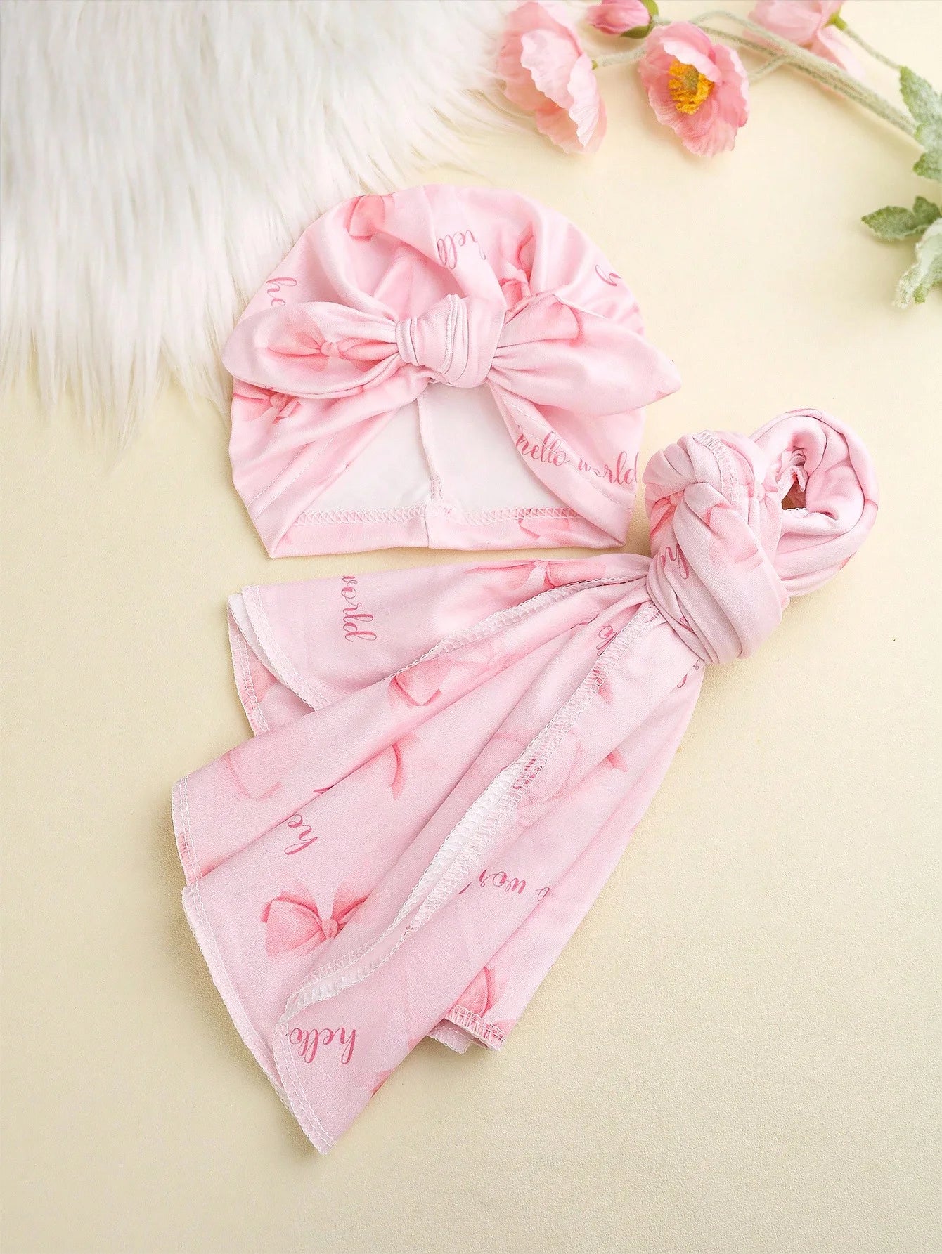 Ylsteed Newborn Photography Receive Blanket Newborn Bow Print Swaddle Blanket with Hat Bedding Infant Bath Towel Baby Items-HD