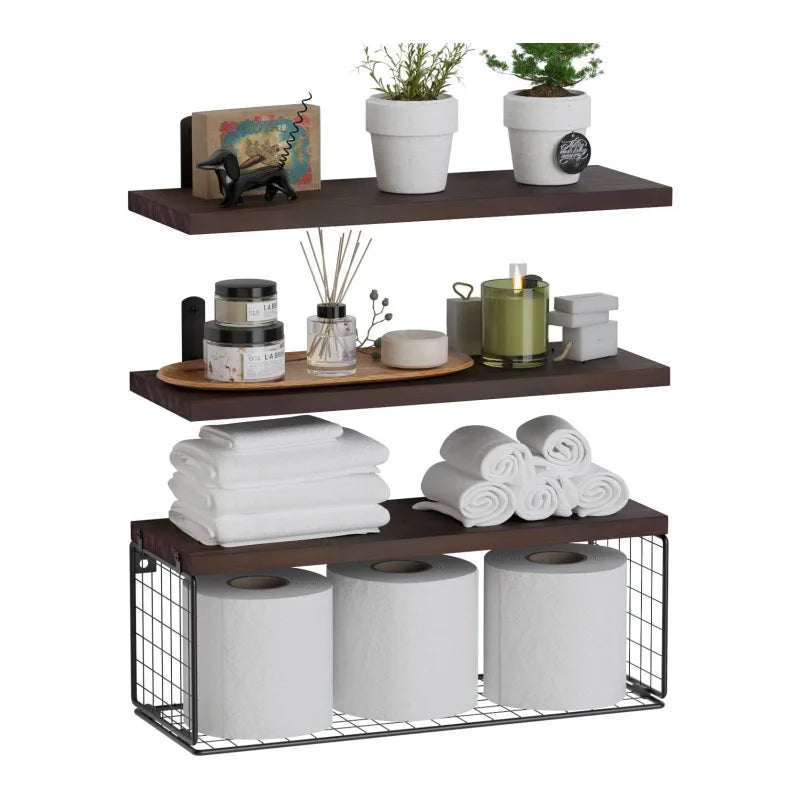 Bath Wall Towel Storage Holder Set Above Toilet, Rolled Towel Shelf Organiser for Small Bathroom Black Wood Vertical Towel Rack