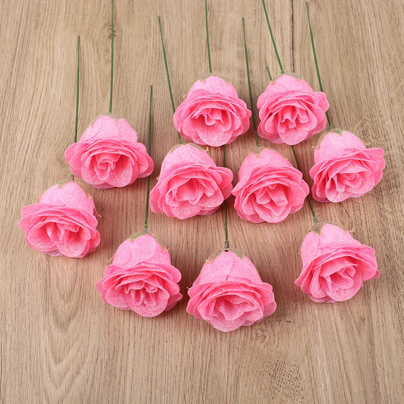 5-20Pcs Red Glitter Artificial Rose Flowers Bouquet Wedding Bridal Shower Decoration Valentines Day Gift Birthday Party Decor