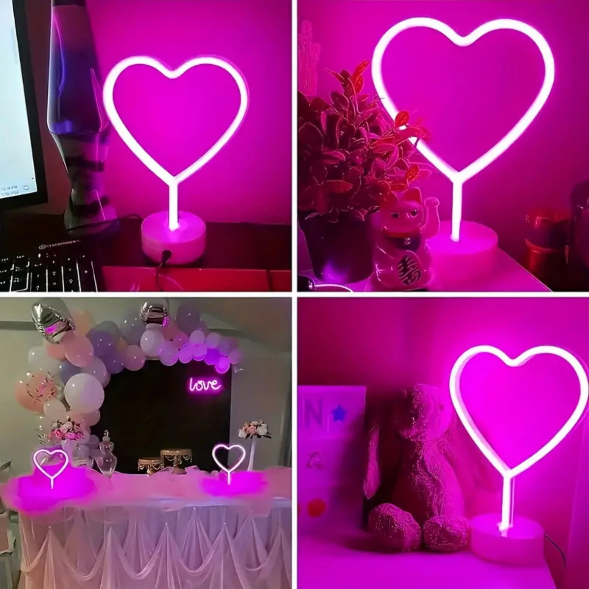 1pc Pink Neon Heart Light LED Neon Signs Night Light With Base Battery Powered Neon Table Light Suitable For Home Bedroom Party
