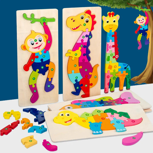 Rectangle Wooden Puzzle for Kids, Animals Vehicles Pattern Colorful Wood Numbered Puzzles For Toddlers