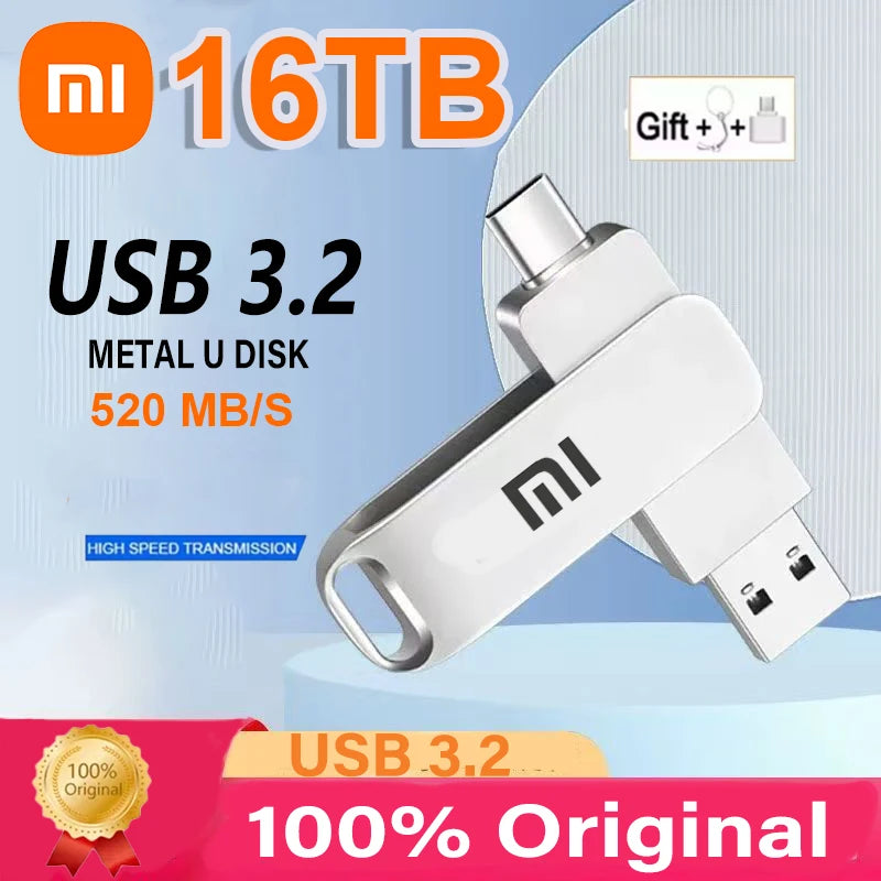XIAOMI 16TB Flash Drives USB 3.2 High Speed USB Transfer Metal Pendrive Memory Card Pendrive Flash Disk Memoria Waterproof Stick