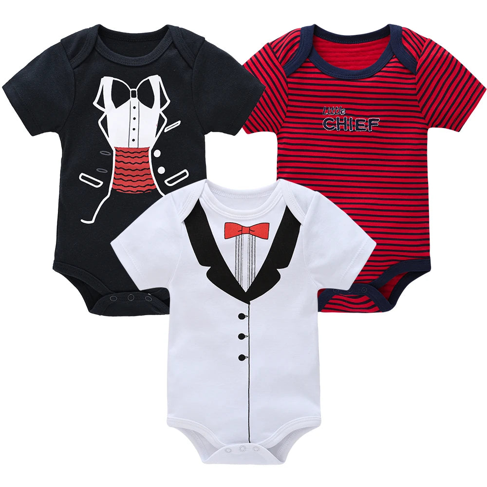New Baby Boy Clothes Summer 100% Cotton Blue Grey Tie Print Three Piece Short Sleeve Bodysuit Pants vetements bebe For 0-12M