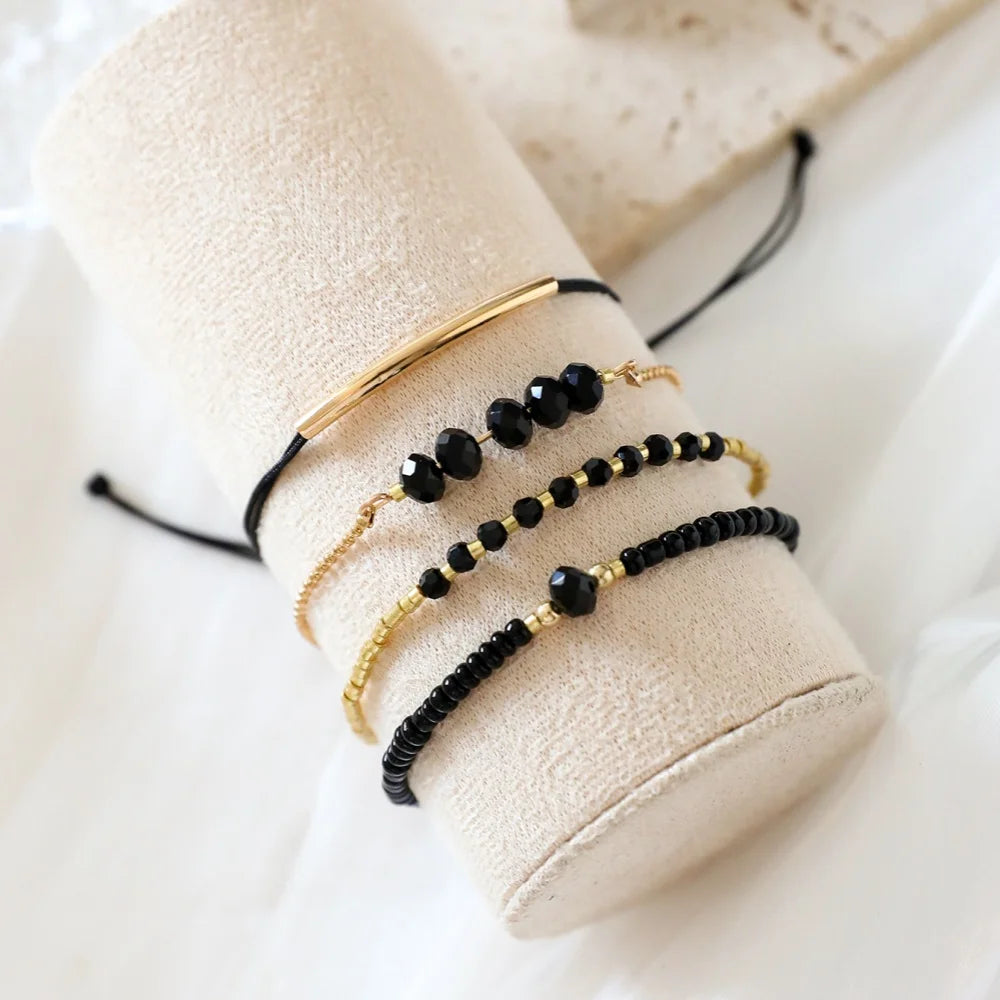 4Pc Set Black Glass Stone Bracelet