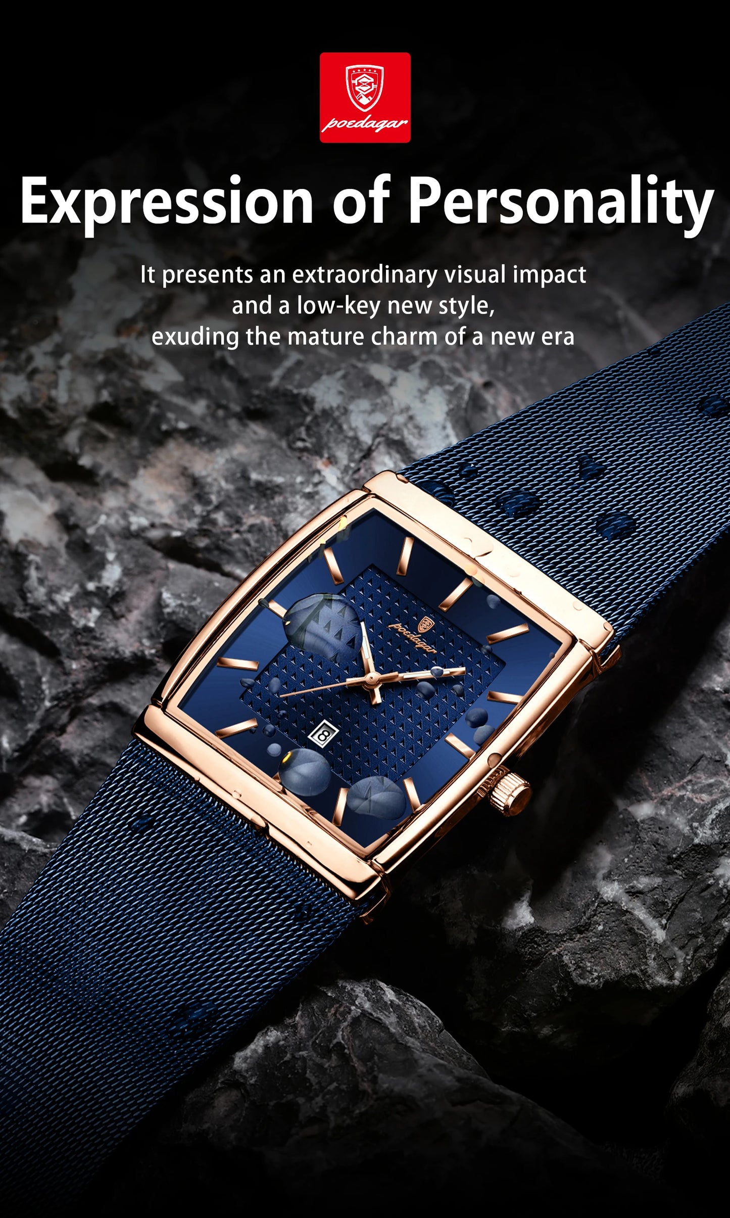 POEDAGAR Top Original Men Watch Waterproof Luminous Date Rectangle Man Wristwatch Mesh Stainless Steel Men's Quartz Watches Male