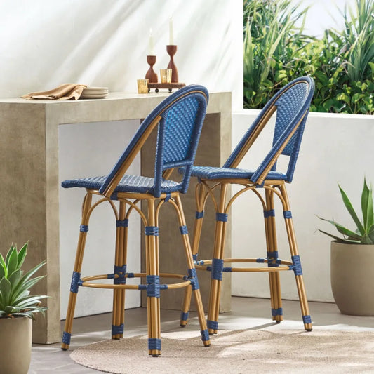 29.5 Outdoor PE Rattan and Aluminum French Barstools Set of 2 Navy Blue and Bamboo Finish