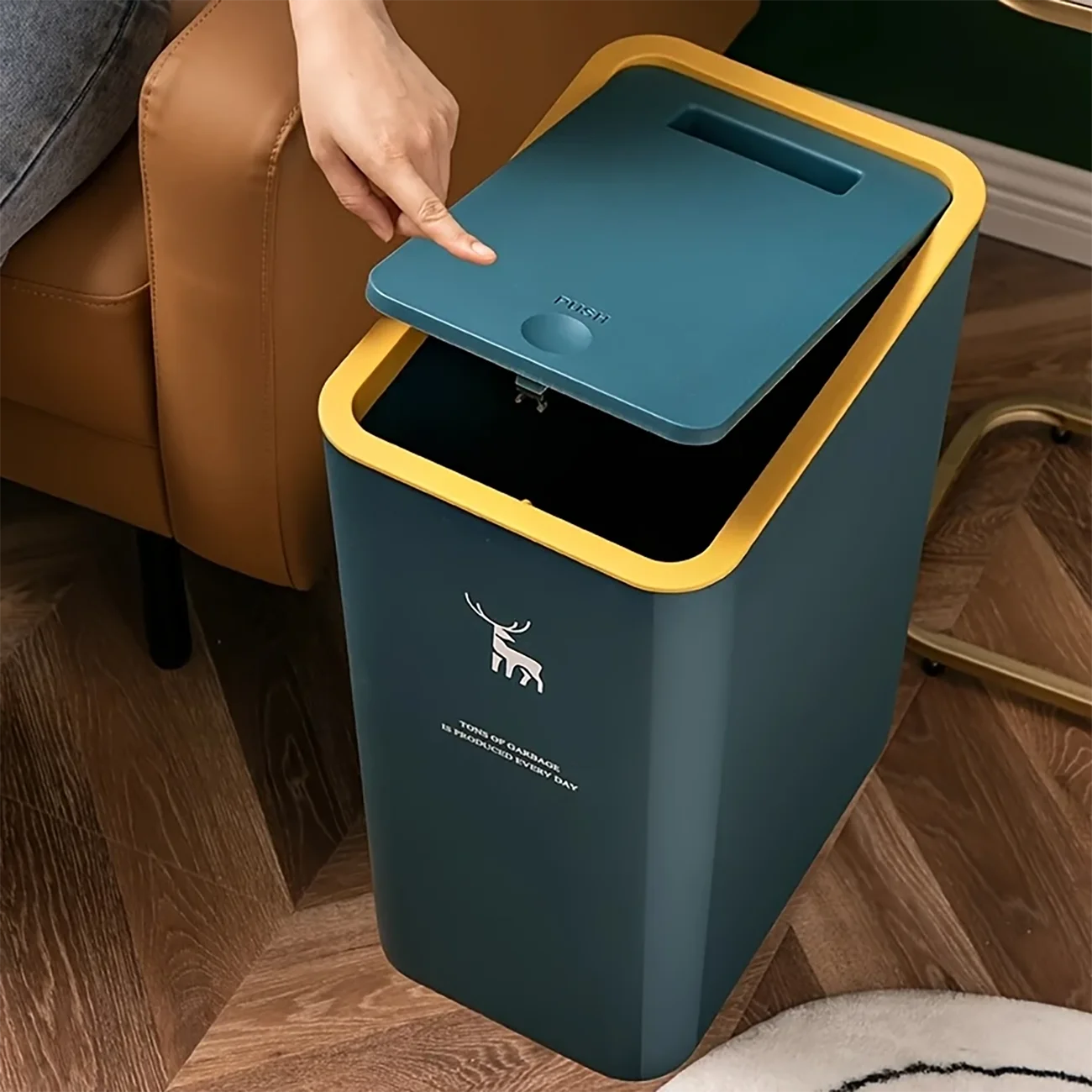 1pc Bathroom Trash Can 15L Garbage Can with Press Top Lid for Kitchen, Bedroom, Living Room Plastic Wastebasket with Pop-up Lid