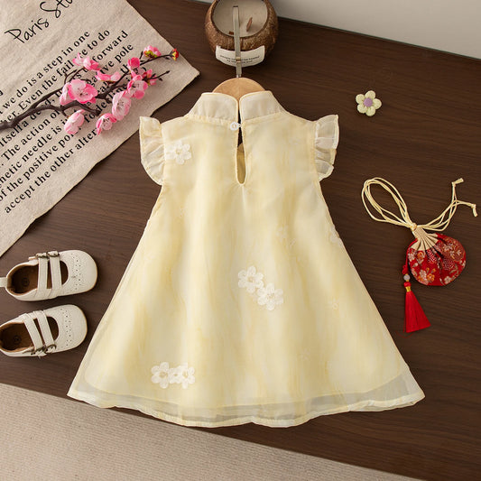 Chinese Style Cheongsam Toddler Dress Yellow Flower Embroiderey Fly Sleeve Yarn Dress Elegant Girl Party Dress