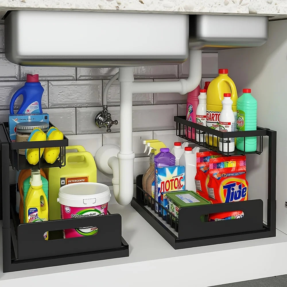 Best 2 Tier Under Sink Organiser Pull-out Sliding Cabinet Storage Basket Kitchen Bathroom Rack for Cleaning Supplies & Spices