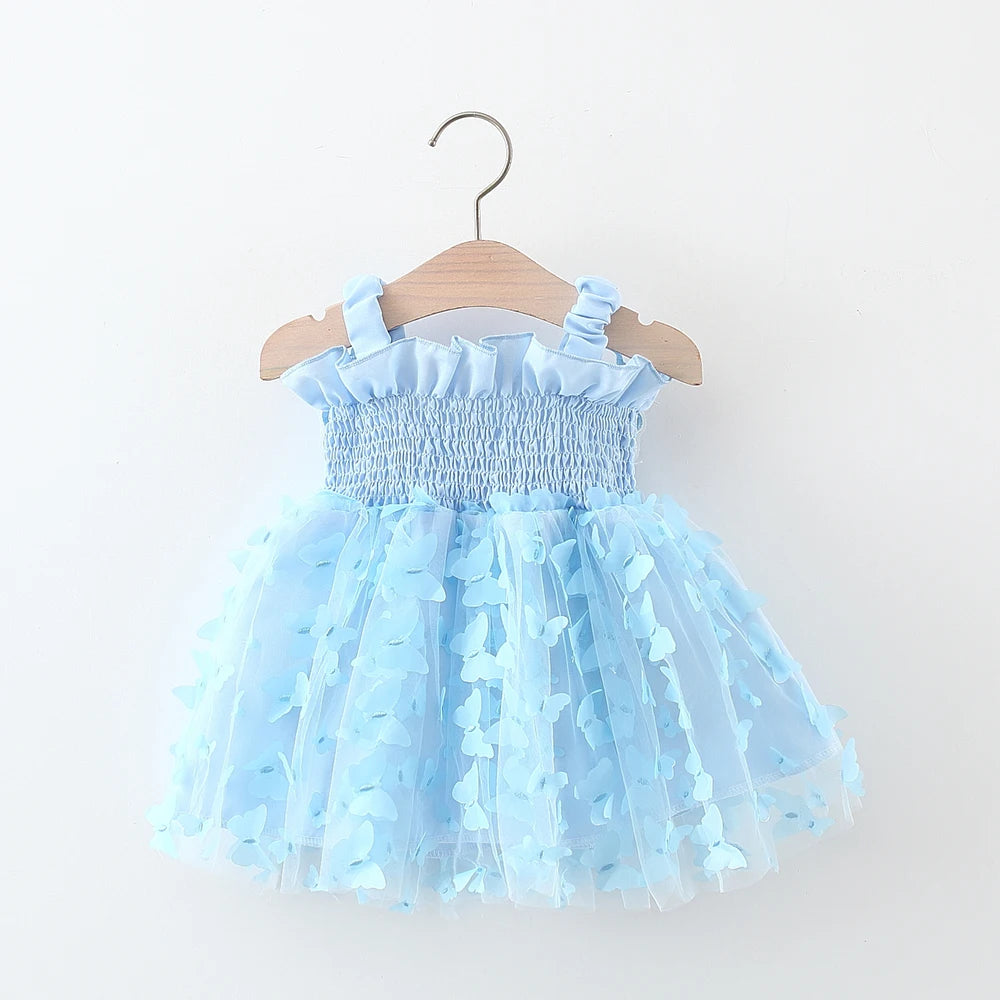 Summer 0-3 Girls' Dress Solid Color Butterfly 3D Mesh Splicing Butterfly Wings Strap Fluffy Dress