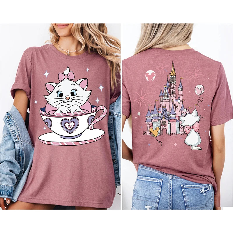2025 Summer New The Aristocats Cartoon Anime Printed T-shirt Women's Fashion Casual T-shirt Mary Cat Crazy Teacup Party Shirt