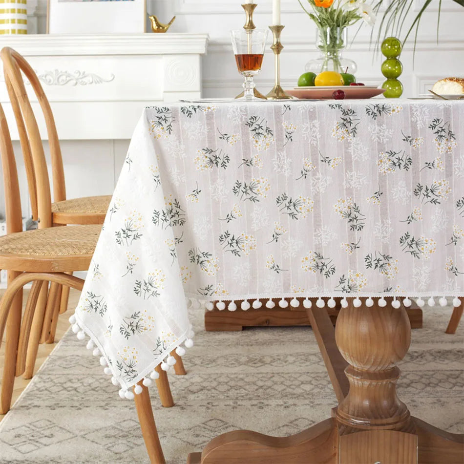 Korean Style Daisy Tassels Cotton Floral Table Cloth