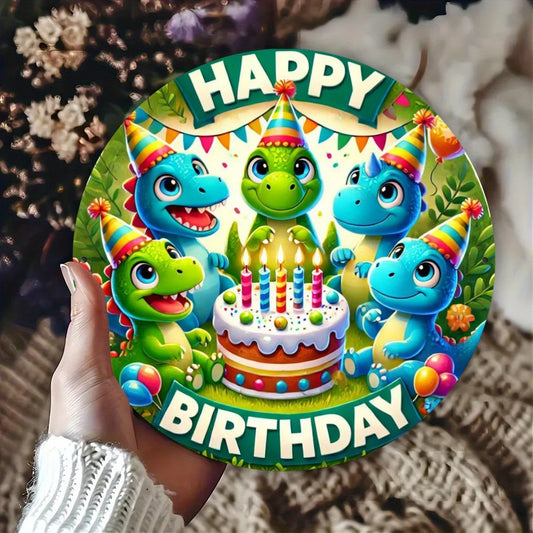Dinosaur Birthday Wall Decor - 7.8-Inch Durable 2D Printed Metal Sign for Indoor/Outdoor Home Garden Decoration