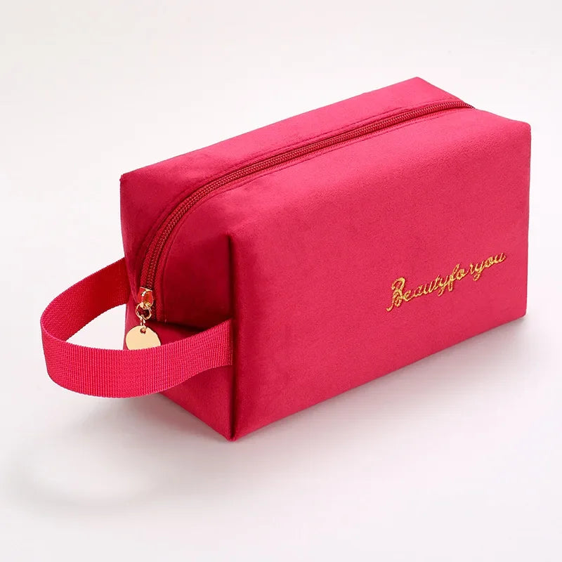 Plush Cosmetic Bag for Women – Large Zipper Makeup & Toiletry Travel Pouch, Solid Color Beauty Bag