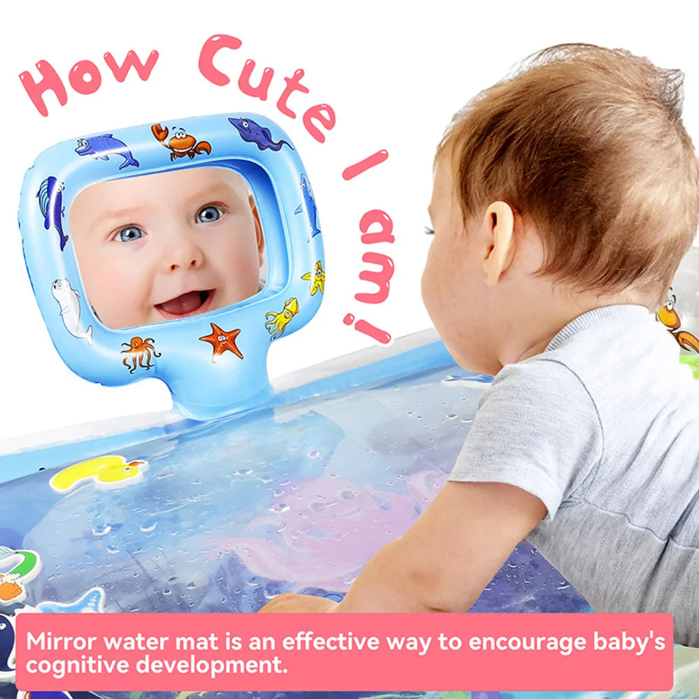 Tummy Time Water Mat for Baby Boy Girl PVC Inflatable Play Mat with Mirror Rattle Buzzer for Infants Toddlers Fun Play Activity