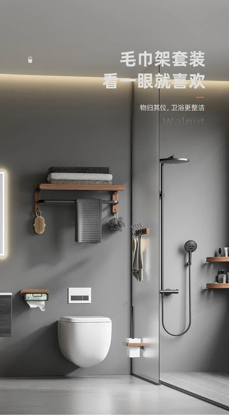 Modern Wooden Bathroom Wall Storage Rack – Shelves, Towel Bar & Hooks Set