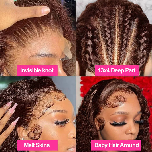Curly Wig 13x4 Chocolate Brown Lace Front Wig 13x6 HD Transparent Lace Frontal Wig Colored  Water Wave Human Hair Wigs For Women