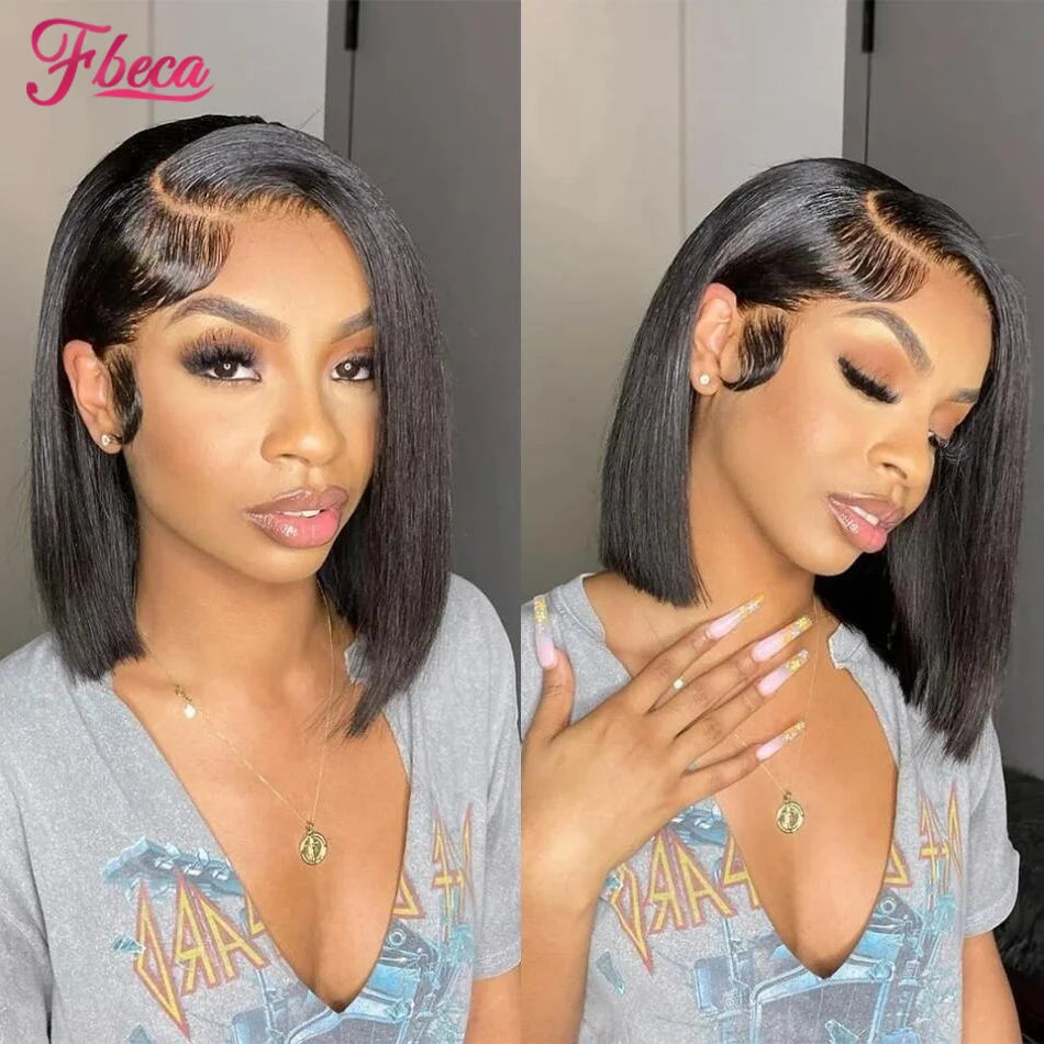 13x4 Straight Lace Frontal Bob Wig Pre Plucked Human Hair Wigs Brazilian Remy Bone Straight Short Bob Wig For Women 10-14 Inch
