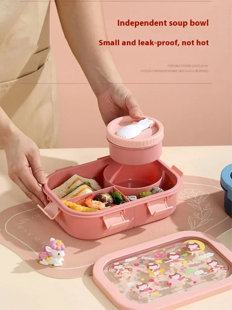 1000/1350ml Cartoon Lunch Box with Soup Bowl Bento Box Buckle Design Sealed and Leak-proof Portable Food Storage Container