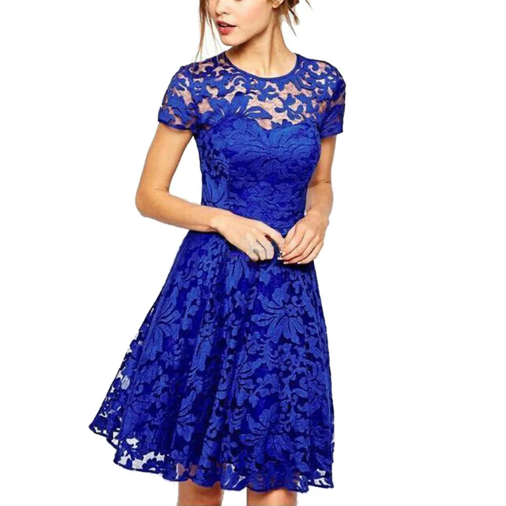 Women Summer Dress See-through Hollow Out Lace Short Sleeves Big Hem Mini Dress Round Neck A-line Prom Dress Women Clothes