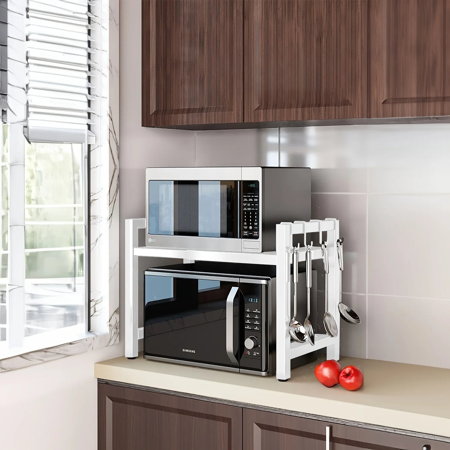 Expandable Microwave Shelf, Microwave Holder with 6 Hooks, Kitchen Storage Rack, Microwave Baking Rack, Extendable 40-64cm
