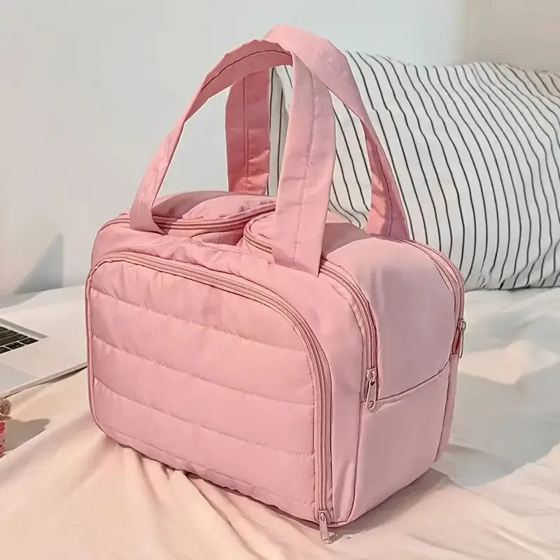 Standing Travel Makeup Bag, Large Capacity Multi Zone with Handle, Multi Compartment Women's Portable Toiletries Bag