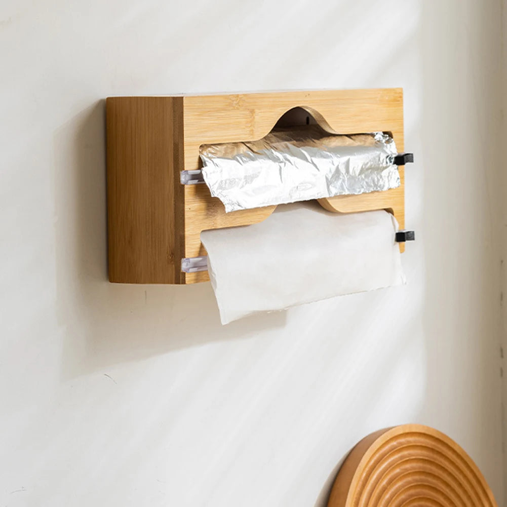 Foil Dispenser With Cutter,Wall Mounted Bamboo-Foil Cling Film Cutter,Kitchen Wrap Dispenser,Kitchen Organization