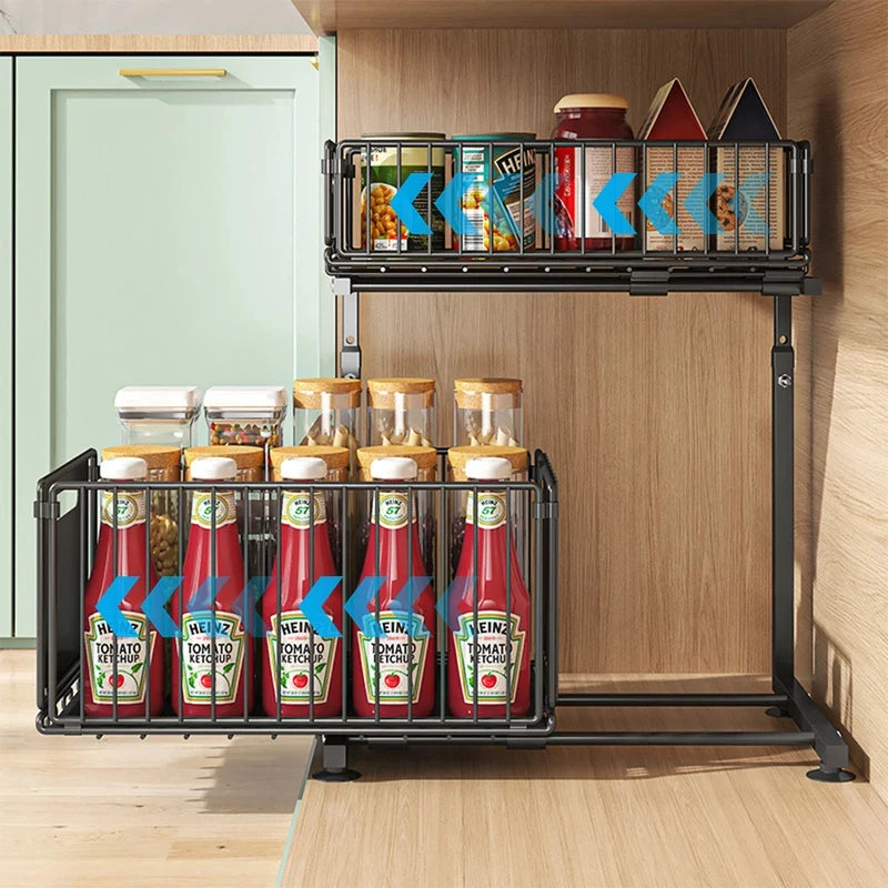 2 Tier Pull Out Cabinet Organiser Adjustable Under Sink Storage Rack Slide Out Drawer Kitchen Spice Jar Storage Shelf