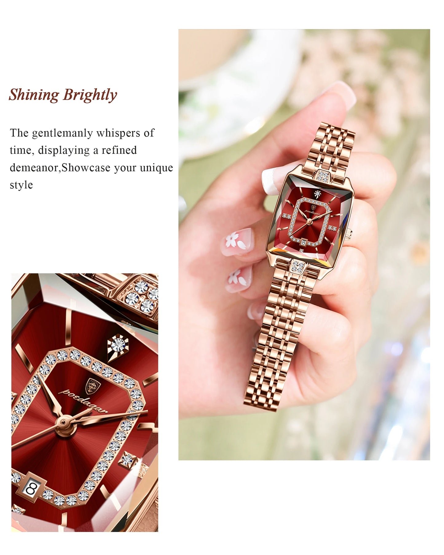 POEDAGAR Fashion High Quality Women Wristwatch Waterproof Date Ladies Watch Rectangle Stainless Steel Women's Quartz Watches+Box