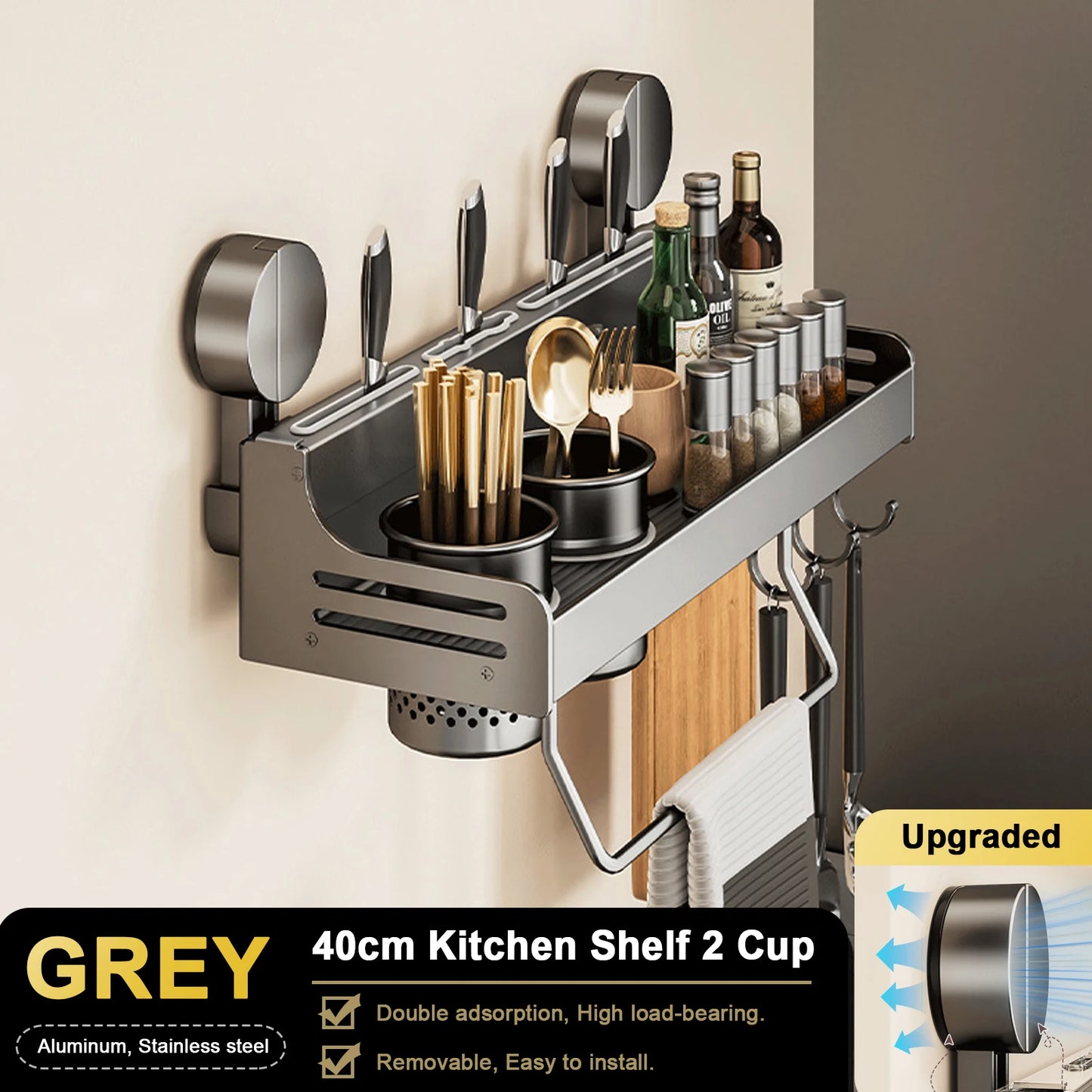 Suction Cup Kitchen Organiser Shelf Wall-mounted Spice Storage Rack Kitchen Knife Holder Wall Seasoning for Chopstick Spoon