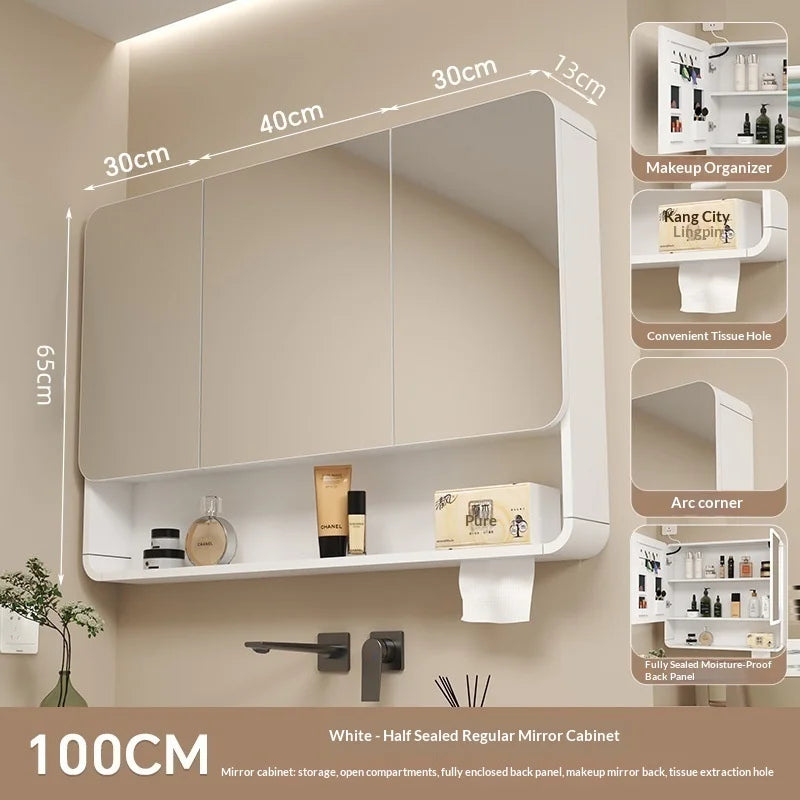 Bathroom Mirror Led Light Wall Mounted Carbon Fiber Curved Rounded Corner Smart Storage Mirror Cabinet Home Furniture Homehold