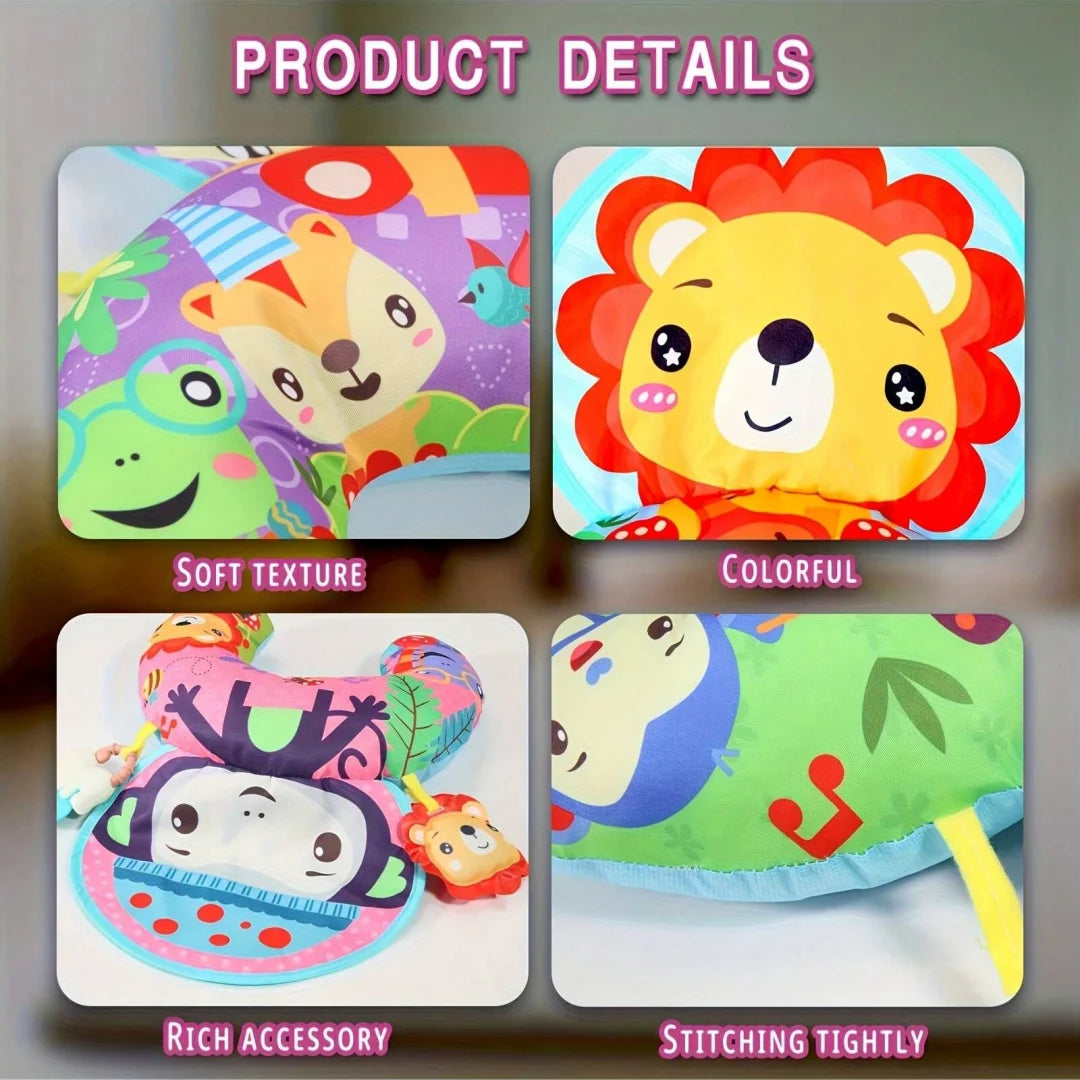 Baby Tummy Time Pillow with Rattle Toys, Multifunctional Crawling Mat Play Gym for Infants, Colorful Cartoon Animals Support Cus