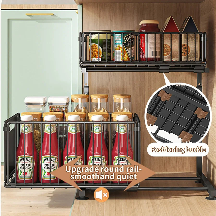 Pull-Out Under Sink Organiser, 2-Tier Adjustable Height Sliding Shelf for Kitchen/Bathroom Cabinet Storage, Black & White