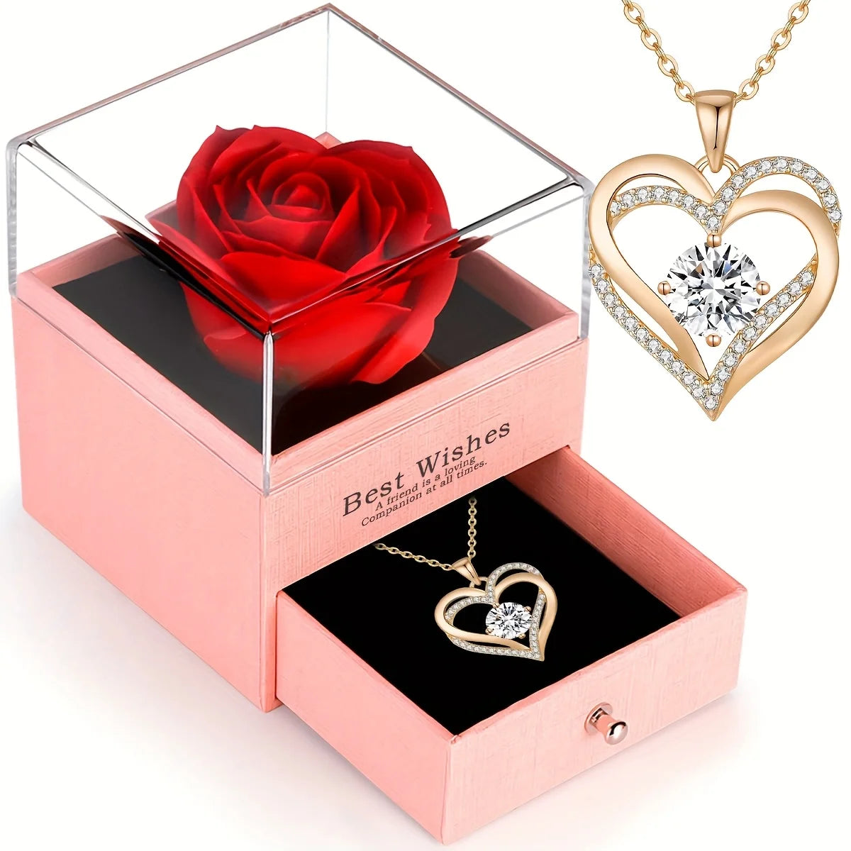 Romantic Heart Pendant Necklace with Rose Gift Box & Card- Luxurious Year-Round Wear, Valentines Day & Mother’s Day Present
