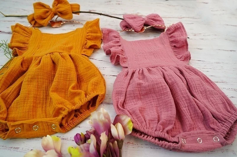 Organic Cotton Baby Girl Clothes Summer New Double Gauze Kids Ruffle Romper Jumpsuit Headband Dusty Pink Playsuit For Newborn 3M