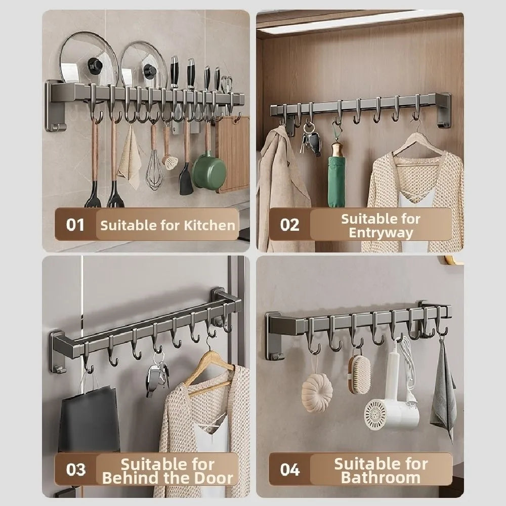 Aluminum Kitchen Organiser Hook Double Pole Wall Mounted Pot Lid Rack Non Punching Movable Hook Spatula Storage Rack Home