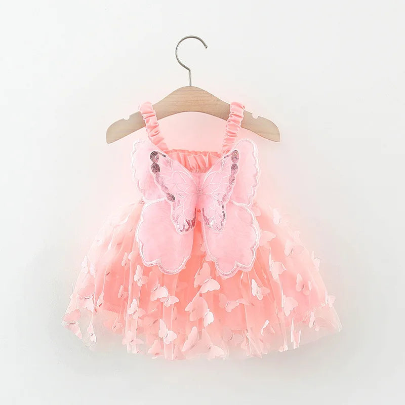 Summer 0-3 Girls' Dress Solid Color Butterfly 3D Mesh Splicing Butterfly Wings Strap Fluffy Dress
