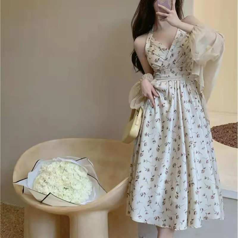 Summer New Gentle Wind Fragmented Flower V-Neck Sling Dress Set Waist Wrap Neck Hanging Long Dress Thin Sun Protection Cardigan