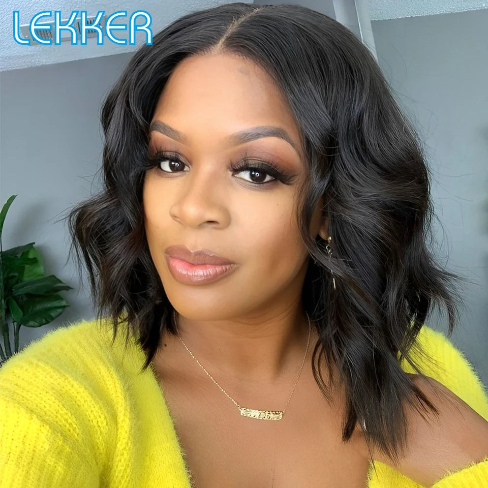 Lekker 14" Short Deep Wavy Bob 13x1 T Part Lace Front Human Hair Wigs For Women Brazilian Remy Hair Middle Part Body Wave Wigs