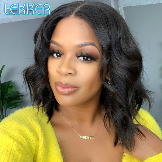 Lekker 14" Short Deep Wavy Bob 13x1 T Part Lace Front Human Hair Wigs For Women Brazilian Remy Hair Middle Part Body Wave Wigs