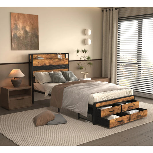 Twin Bed Frames with Headboard, Twin Size Bed Frames with Storage Drawers, Twin Bed, Black Metal Platform Bed Frame, Single Bed