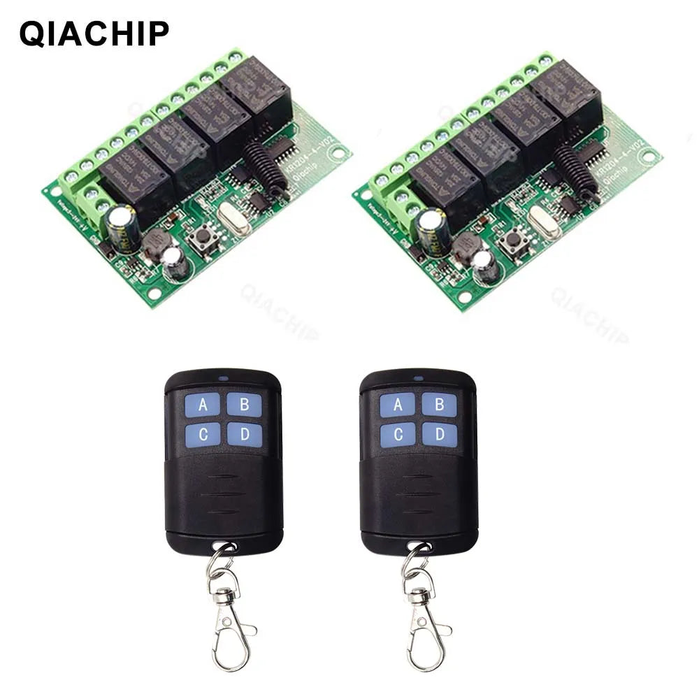 QIACHIP 4CH 433.92MHz Relay Module – DC 5V/12V/24V/48V 10A Wireless Remote Control Switch for EV1527, DC Motor DIY