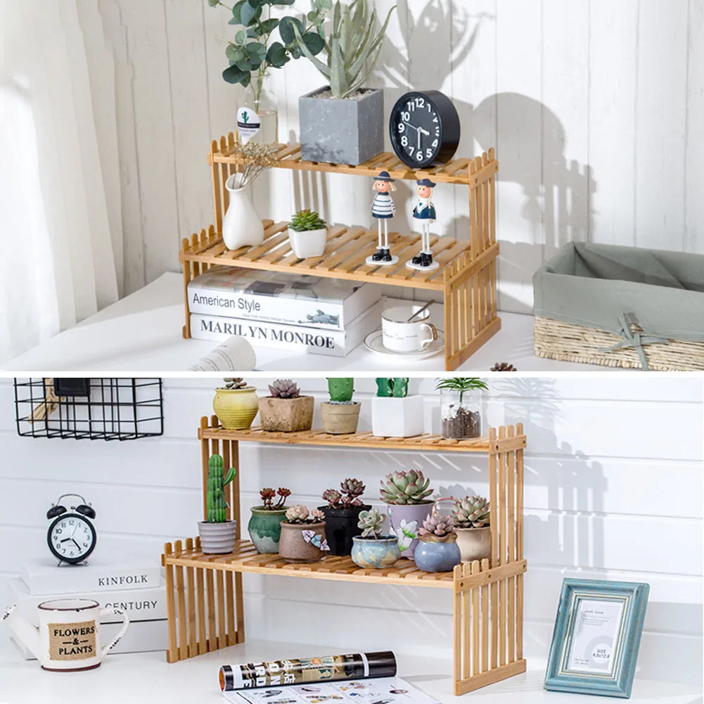 2 Tier Decorative Tabletop Wood Plant Stand Display Shelf For Home Office Tidy Storage Organiser