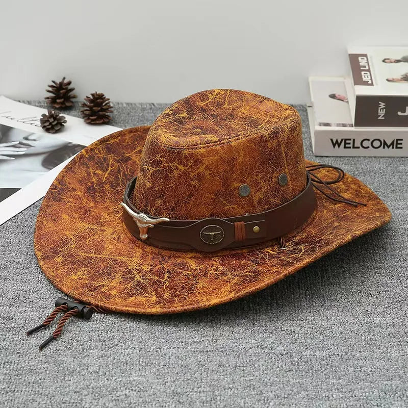 1 PC Vintage Faux Leather Western Cowboy Hat For Men Women Outdoor Gentleman Cowgirl Jazz Hats Sombrero Hombre