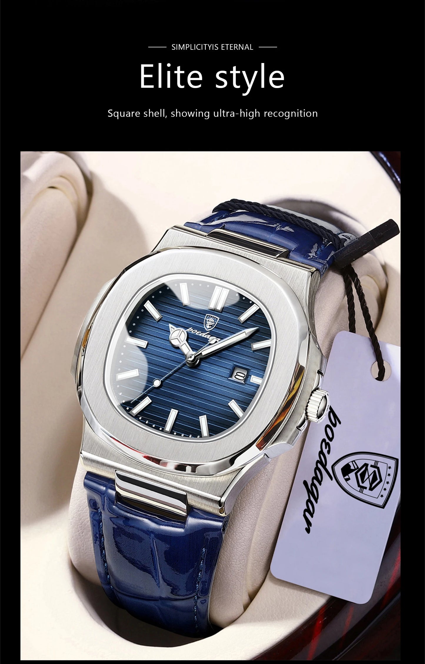 POEDAGAR Luxury Original Man Watch Date Waterproof Luminous Square Men Wristwatch High Quality Leather Men's Quartz Watches Male